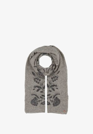 Grau gestrickter Schal mit dunklen Blumenmustern, in einer Schleife gerollt. Glatte Textur mit einem dezenten Glanz und einem kleinen Logodetail.