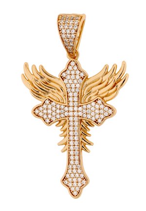 Arany keresztmedál áttetsző drágakövekkel, részletes angyalszárnyakkal a két oldalán és drágakövekkel díszített akasztóval.