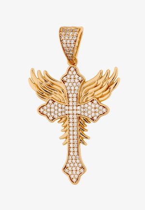 Guld korsvedhæng med klare ædelstene, der har detaljerede englevinger, der strækker sig ud fra siderne, og en øsken overdækket med ædelstene.