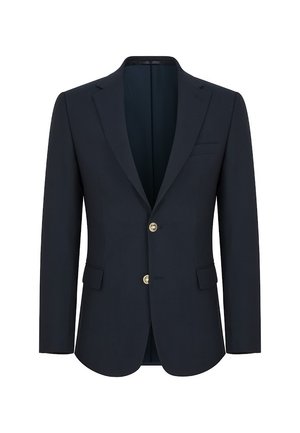 Granatowa marynarka z klapami w kształcie notcha, dwiema złotymi guzikami i dwoma przednimi kieszeniami. Gładki materiał o subtelnej teksturze, bez wzorów czy ozdób.