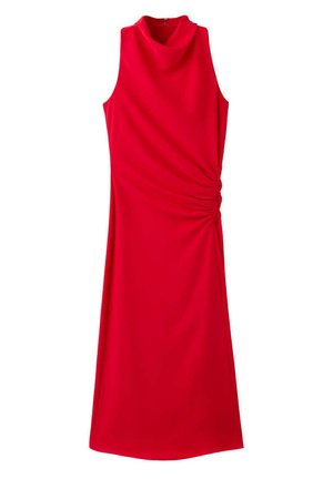 Vestido midi rojo sin mangas con escote alto y detalle fruncido lateral, con cierre de cremallera en la espalda.