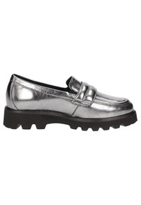 Metallisch silberne Slipper mit einer klobigen schwarzen Sohle, ausgestattet mit einem breiten Riemen an der Vorderseite und glatter Textur. Ideal für legere Outfits.