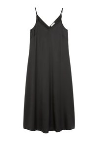 Schwarzes, ärmelloses Kleid mit V-Ausschnitt, aus glattem Stoff. Mit dünnen Trägern und zwei seitlichen Taschen. Fällt unter das Knie.