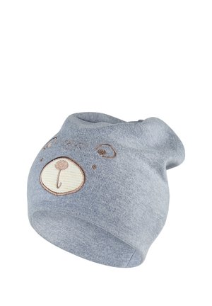 Gray children's beanie hat with embroidered bear face, including eyes, nose, and ears, made from soft knit fabric.