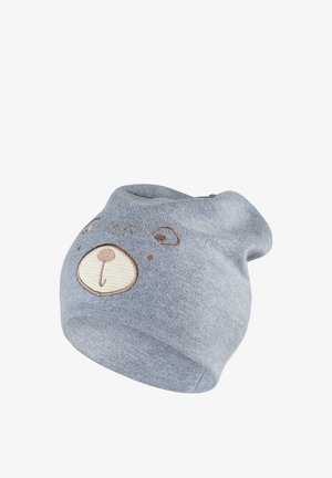Gray children's beanie hat with embroidered bear face, including eyes, nose, and ears, made from soft knit fabric.
