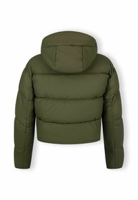 Olijfgroen cropped puffer jack met een capuchon, met horizontaal gestikte secties en een gladde, glanzende textuur.