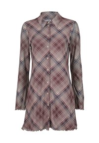 Robe-chemise à manches longues avec un motif à carreaux marron, beige et bleu, avec un ourlet et des poignets volantés.