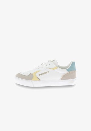 White sneaker with yellow, gray, and light blue accents. Features a perforated toe, padded tongue, and a textured sole with a logo.