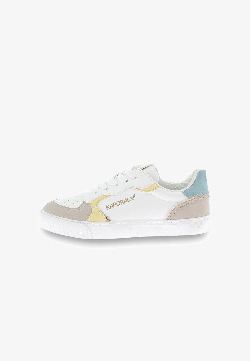 White sneaker with yellow, gray, and light blue accents. Features a perforated toe, padded tongue, and a textured sole with a logo.