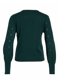 Maglione verde a maglia con maniche a sbuffo, caratterizzato da motivi a occhio lungo le braccia. Orlo e polsini a coste, scollatura a girocollo. Tessuto morbido.
