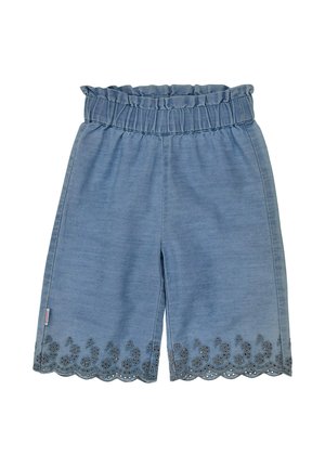 Blue elastic-waist shorts with scalloped floral embroidery along the hem and a small fabric tag on the side.