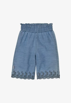 Blaue Shorts mit elastischem Bund, mit gewellter Blumenstickerei am Saum und einem kleinen Stoffetikett an der Seite.
