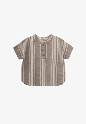 Top a maniche corte a righe grigio e beige, con scollatura rotonda e tre bottoni in legno sul fronte. Tessuto testurizzato.