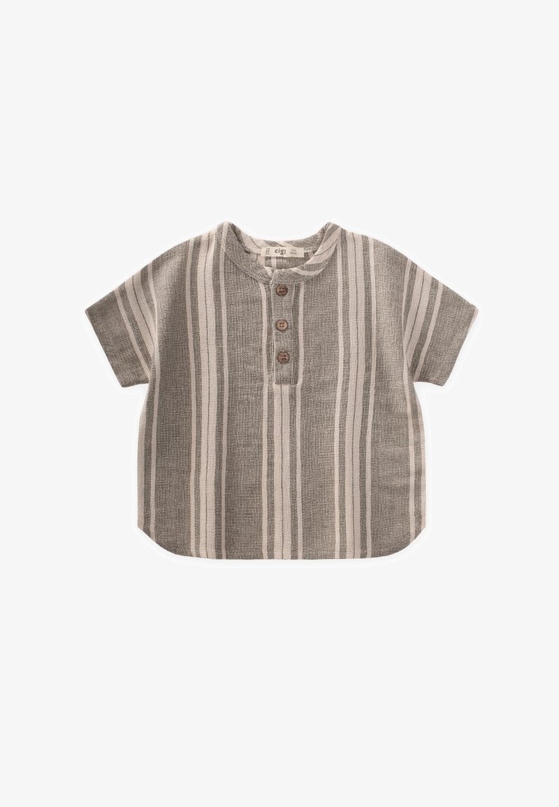 Top a maniche corte a righe grigio e beige, con scollatura rotonda e tre bottoni in legno sul fronte. Tessuto testurizzato.