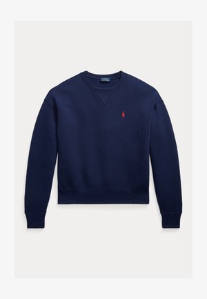 Granatowa bluza z okrągłym dekoltem, z prążkowanymi mankietami i dołem, z małym czerwonym haftowanym logo Polo Ralph Lauren na lewym biuście.