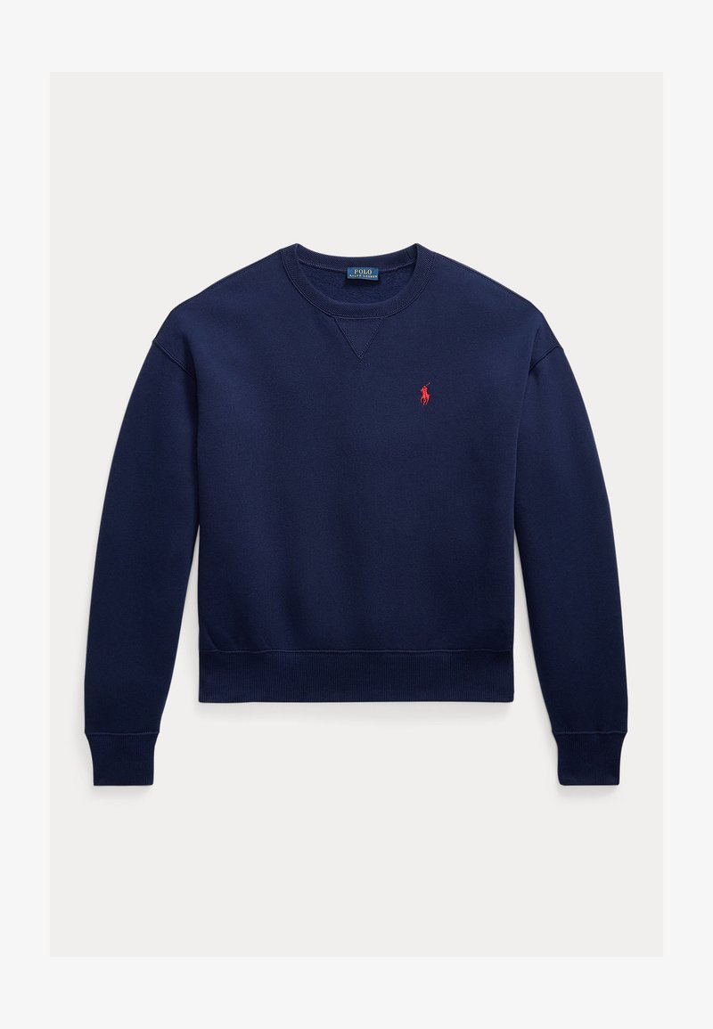 Sweat-shirt bleu marine col rond avec poignets et ourlet côtelés, avec un petit logo Polo Ralph Lauren rouge brodé sur la poitrine gauche.