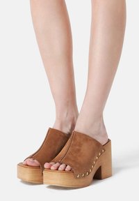 Brown suede platform clogs with an open toe, wooden heel, and gold stud accents along the side. Smooth texture and contemporary design.