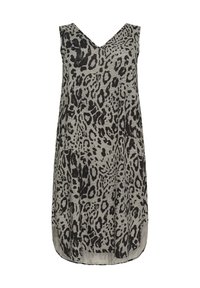 Robe sans manches à encolure en V avec un motif léopard noir et gris et une coupe ample et fluide.