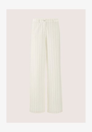Weite Hosen aus cremefarbenem Stoff mit blauen vertikalen Streifen, ausgestattet mit einem Knopfverschluss und einer glatten Textur.