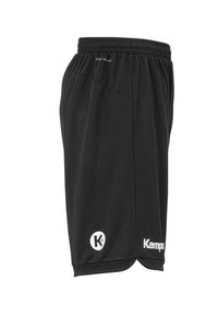 Zwarte sportshorts met elastische tailleband, ademend weefsel en een logo op het linkerpoot. Heeft een gladde textuur en een losse pasvorm.