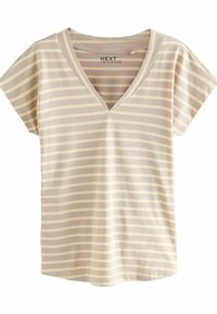 Kortærmet V-hals T-shirt lavet af blødt bomuld. Har lyse beige og cremede vandrette striber. Løs pasform med en buet kant.