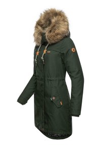 Green parka jacket with a faux fur-lined hood, drawstring, front button pockets, and a slightly curved hem. Durable fabric and smooth texture.
