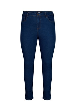 Hubené džíny z tmavě modrého denimu. Mají oranžové prošívání, zipový poklopec a pět kapes. Hladká textura s přiléhavým střihem.