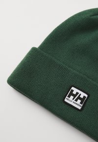 Dark green knit beanie with a folded cuff and a black-and-white Helly Hansen logo patch on the front side.