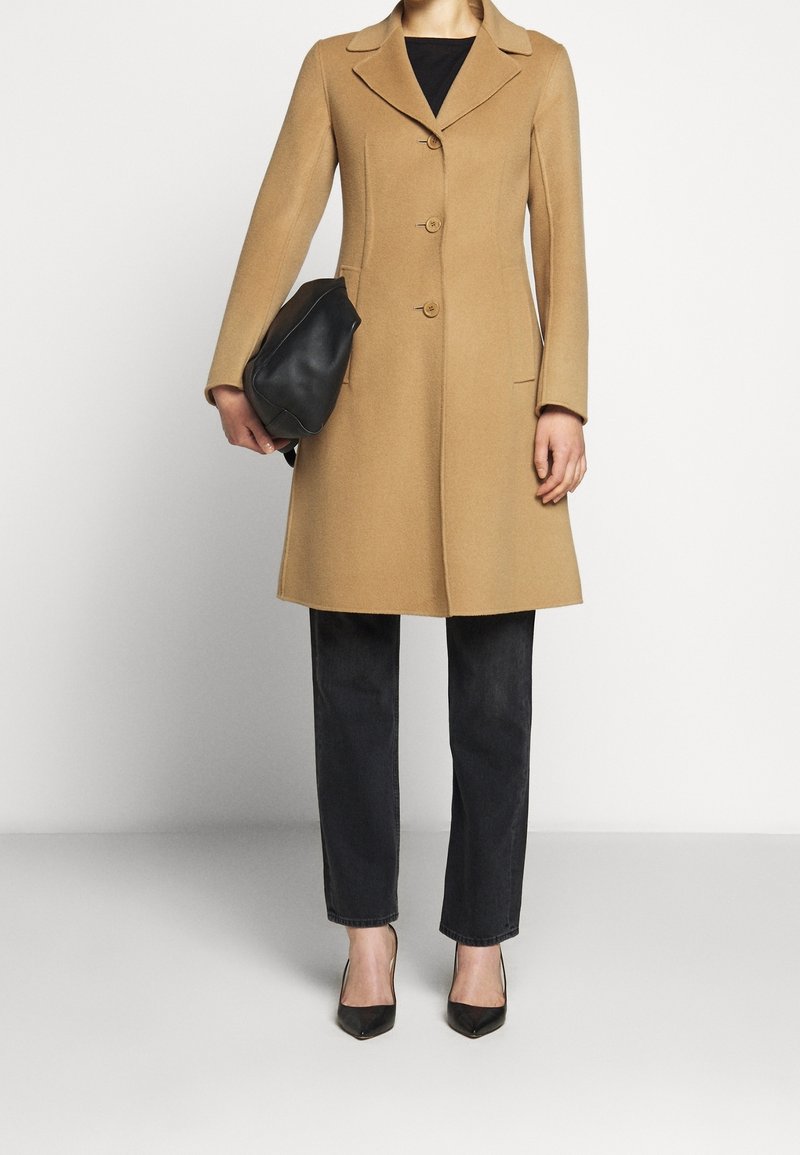 Femme portant un manteau camel boutonné longueur genou, pantalon noir, talons pointus noirs et tenant une pochette noire.