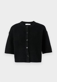 Black short-sleeve cardigan with a round neck, made of textured fabric, featuring six black buttons down the front.