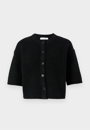 Black short-sleeve cardigan with a round neck, made of textured fabric, featuring six black buttons down the front.