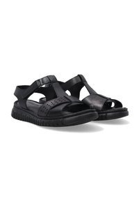 Zwarte leren sandalen met open teen, kruisriemontwerp, geperforeerde accenten en een rubberen loopzool voor grip. Voorzien van een verstelbare gesp.