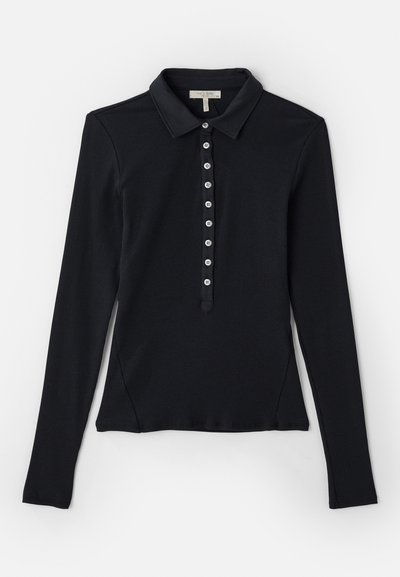 Polo a maniche lunghe nero con texture a coste, chiusura frontale con bottoni e design slim fit. Presenta un colletto classico e fessure laterali.