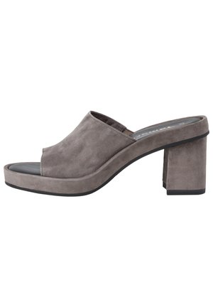 Gray suede block heel sandal with an open toe, wide front strap, and a cushioned footbed. Rubber outsole for traction and stability.