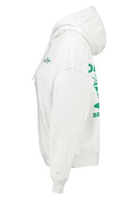 Ljusgrå huvtröja i mjukt tyg. Har en känguruficka, dragsko i huvan och grön grafisk tryck framtill och baktill.