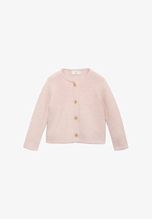 Cardigan lavorato a maglia rosa chiaro con scollo rotondo, cinque bottoni in legno e maniche lunghe; tessuto strutturato e design accorciato.