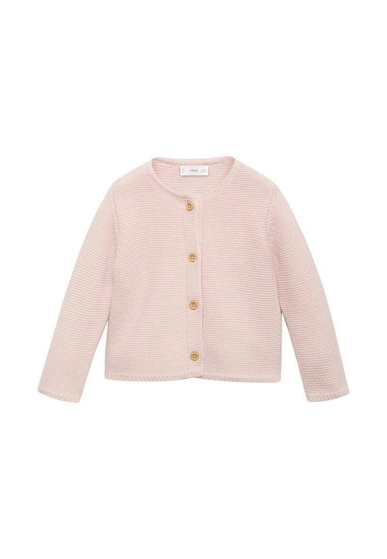 Cardigan lavorato a maglia rosa chiaro con scollo rotondo, cinque bottoni in legno e maniche lunghe; tessuto strutturato e design accorciato.