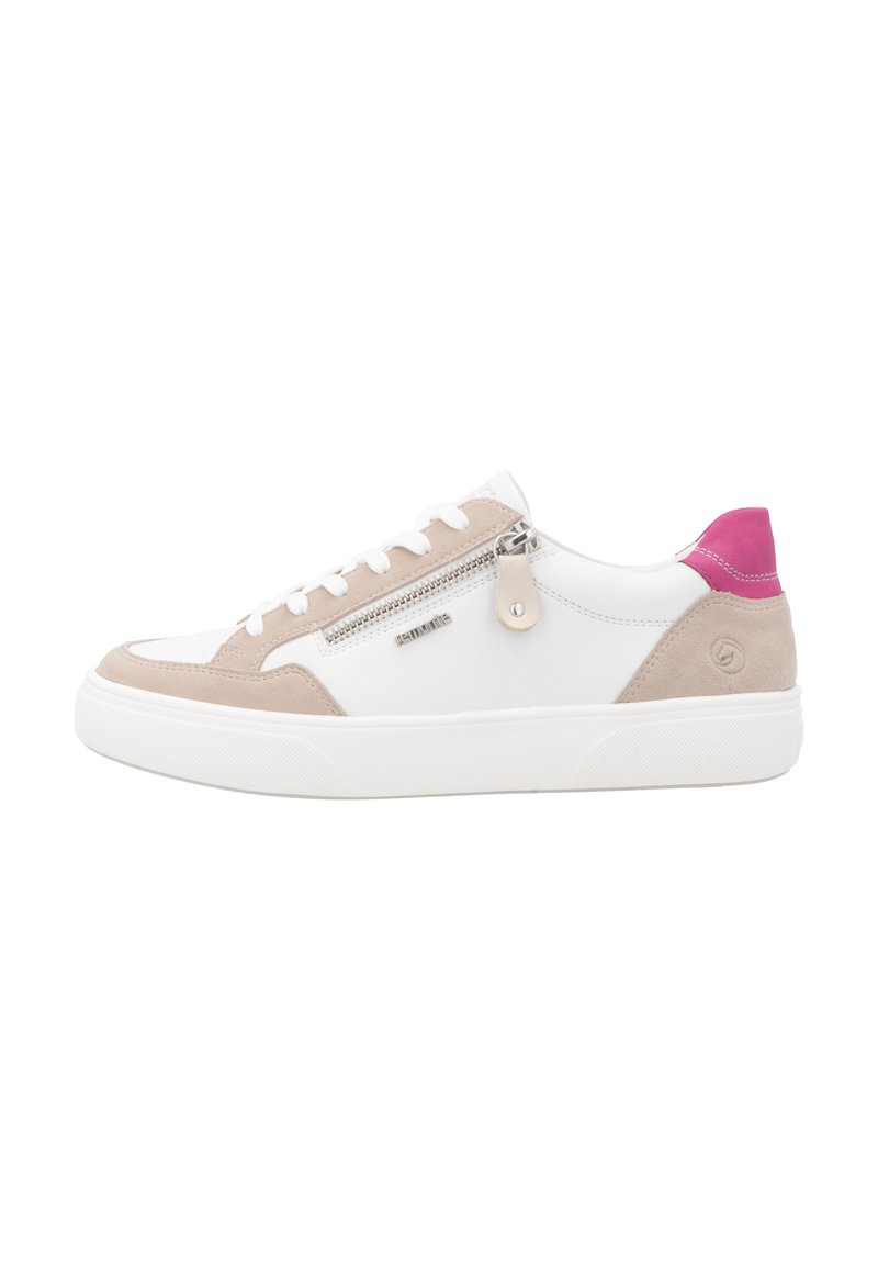 White sneakers with suede beige accents and a pink heel. Features a side zipper and flat rubber sole. Laces in a classic design.