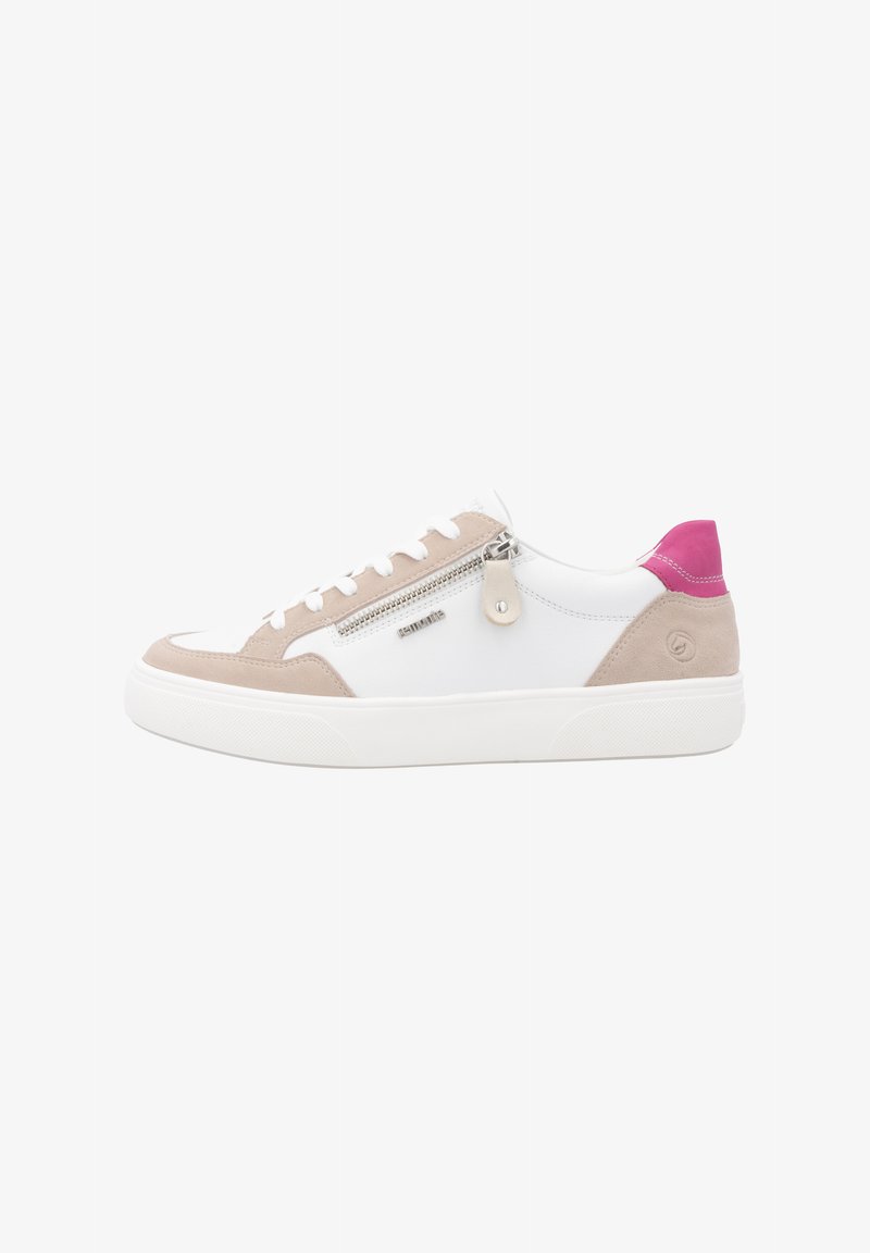 White sneakers with suede beige accents and a pink heel. Features a side zipper and flat rubber sole. Laces in a classic design.