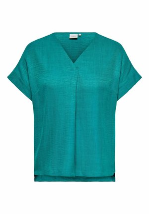 Turkis kortærmet bluse med V-hals, løs pasform og let tekstureret stof.