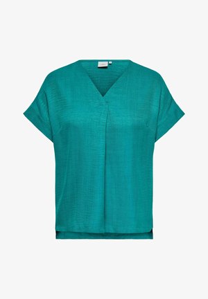 Blouse turquoise à manches courtes, col en V, coupe ample et tissu léger texturé.