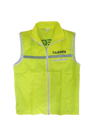 Gilet di sicurezza giallo ad alta visibilità con cerniera frontale, banda riflettente grigia, piccola tasca con zip e logo "LEGEA" sul petto.