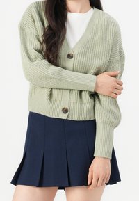 Jasnozielony dzianinowy kardigan z dekoltem w serek, długimi rękawami i zapięciem na guziki. Rękawy i dół zakończone ściągaczem z teksturowanym wzorem. Poniżej granatowa plisowana spódnica.