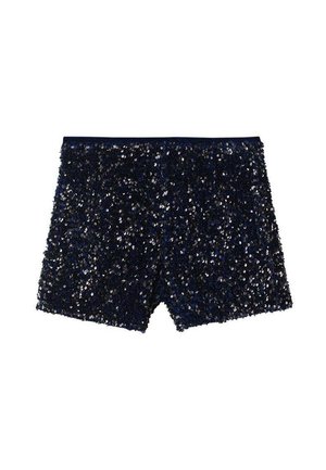 Shorts sequins bleu marine avec un design ajusté. La surface est entièrement recouverte de sequins brillants et réfléchissants pour un aspect texturé.