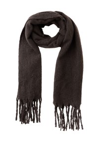 Sciarpa in lana marrone scuro con una texture morbida, dotata di estremità frangiate e un design semplice e allungato. Adatta a diverse opzioni di stile.