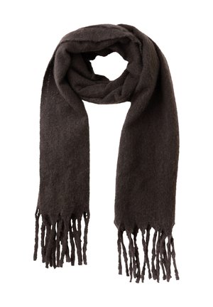 Sciarpa in lana marrone scuro con una texture morbida, dotata di estremità frangiate e un design semplice e allungato. Adatta a diverse opzioni di stile.