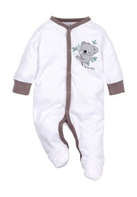 Witte baby romper met bruine accenten, met een koala ontwerp en de tekst "Mijn leuke dag". Drukknopen en een voetloze stijl voor eenvoudig aankleden.