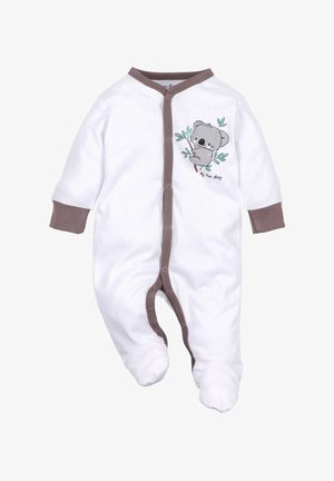 Weißer Baby-Overall mit braunen Akzenten, der ein Koala-Motiv und den Text "Mein lustiger Tag" zeigt. Druckknöpfe und Fußdesign für einfaches Ankleiden.