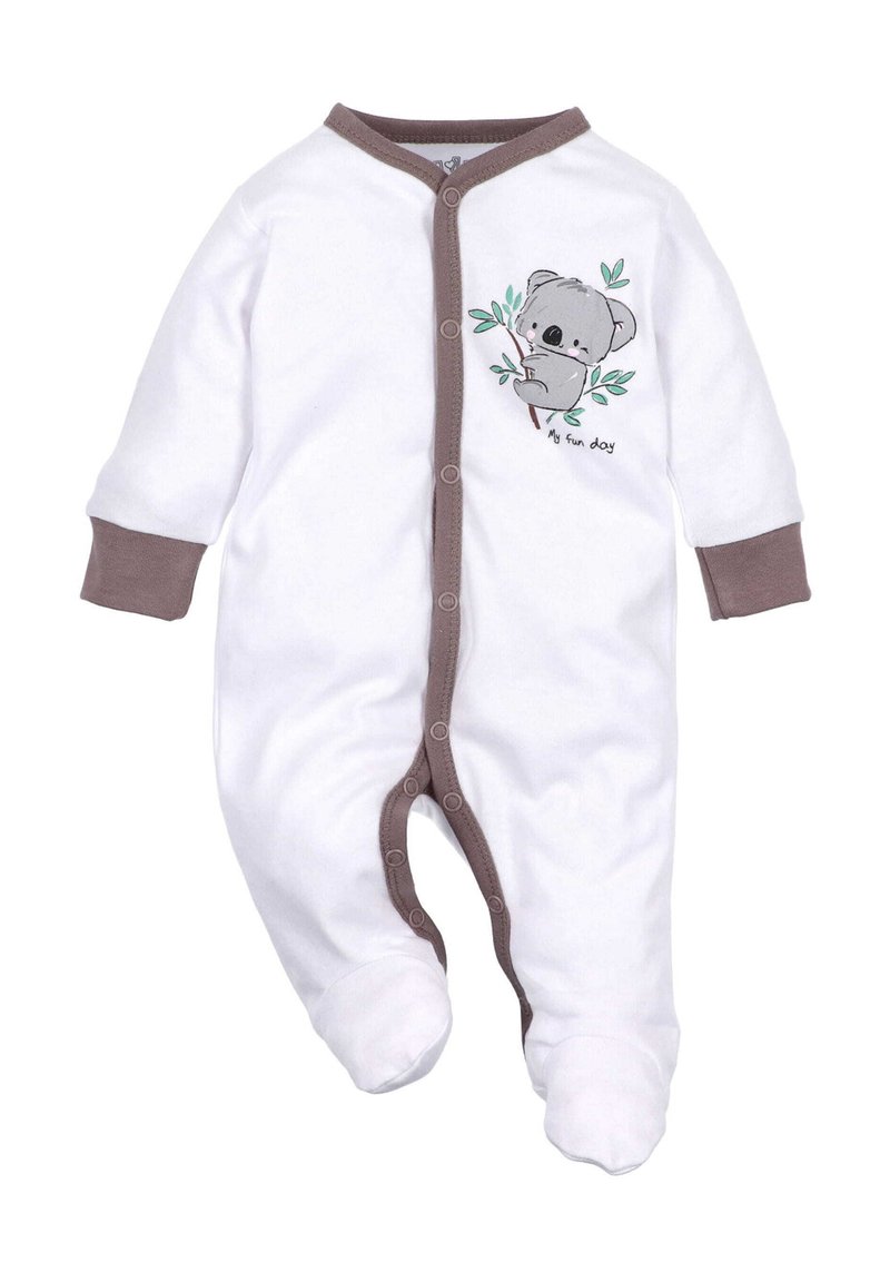 Witte baby romper met bruine accenten, met een koala ontwerp en de tekst "Mijn leuke dag". Drukknopen en een voetloze stijl voor eenvoudig aankleden.