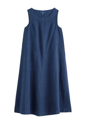 Tumši zila, bez piedurknēm, A formas kleita ar apaļu izgriezumu, izgatavota no teksturēta auduma, nolikta uz balta fona.